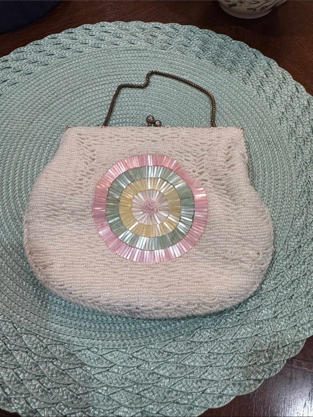 Vintage Cream Beaded Handbag with Pastel Rosette